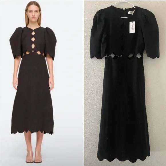 Sea New York NWT Leona Short Sleeve Cut Out Scalloped Midi Dress in Black Size 2 - Picture 1 of 5